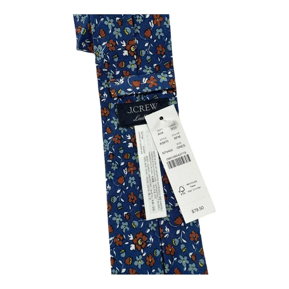 J Crew Ludlow Blue Floral Pure Silk Mens Tie 3 Inch Width NWT